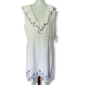 NEW Raya Sun Cream White Black Ruffle Mini Dress XL Cotton Rayon Embroidered